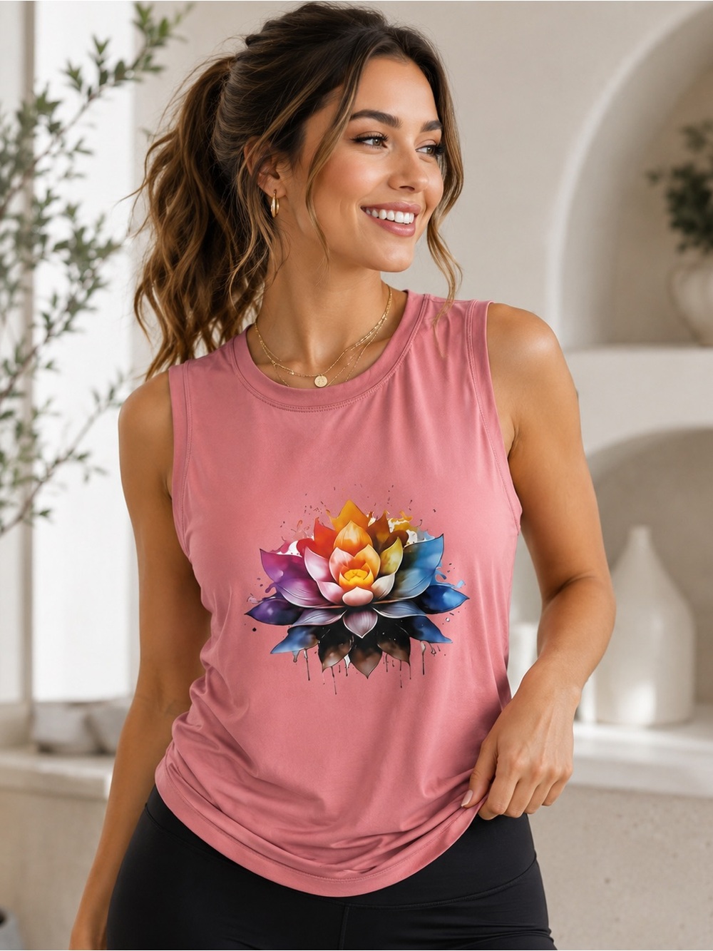 Lotus Graphic Sleeveless Performance Tank Top Pink | Moisture-Wicking Medium